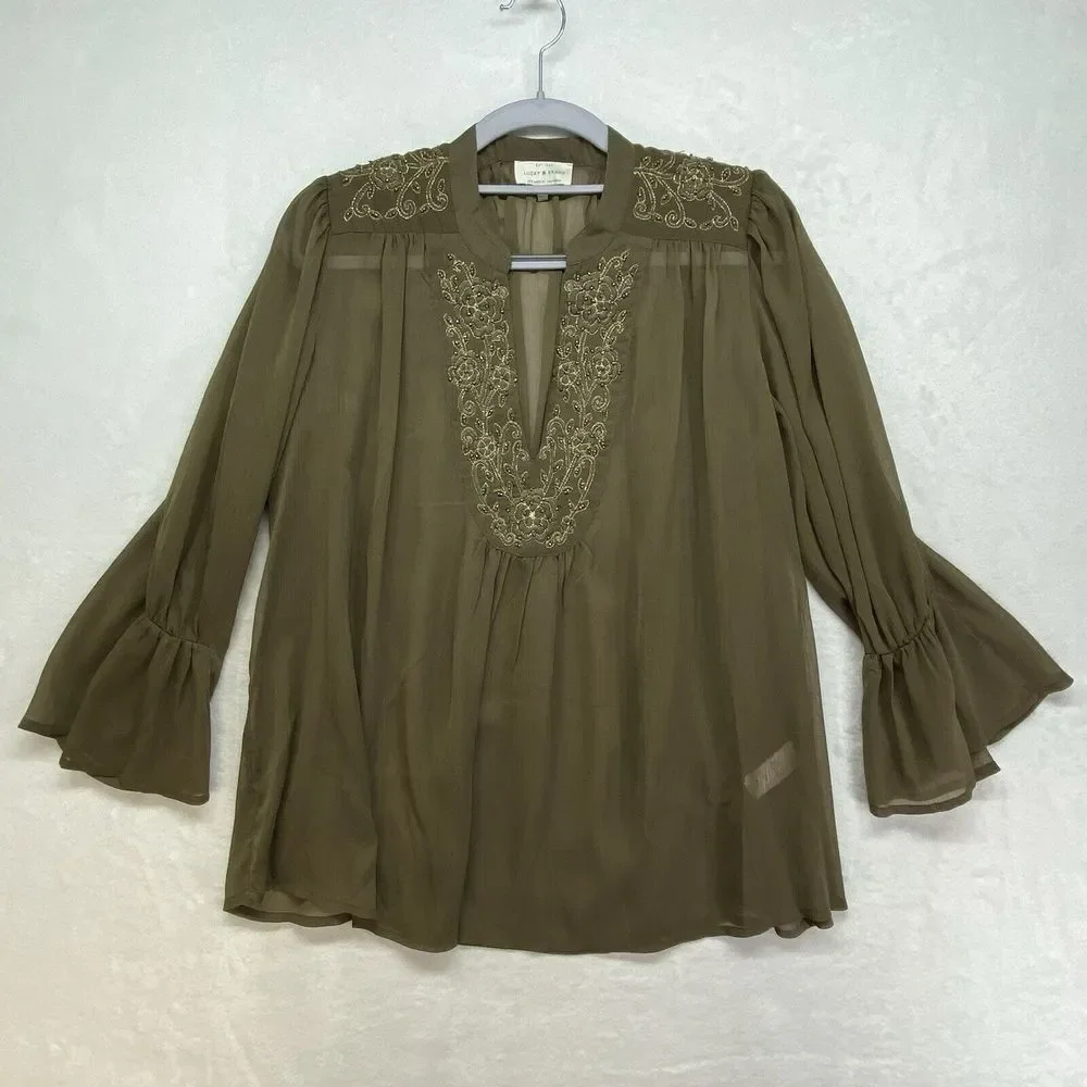 Lucky Brand Top Womens Small‎ Olive Green Embroidered Beaded Sheer Boho Blouse